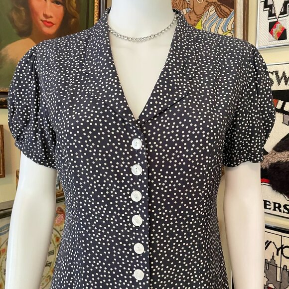 90s Vintage Styleworks Black & White Polka Dot Button-Front Dress Size M - Picture 2 of 4